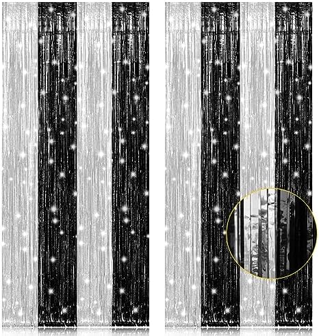2 Pack 3.2 x 8.2 ft Black and Silver Foil Fringe Curtains in 3.2 ft x 8.2 ft in Black and Silver