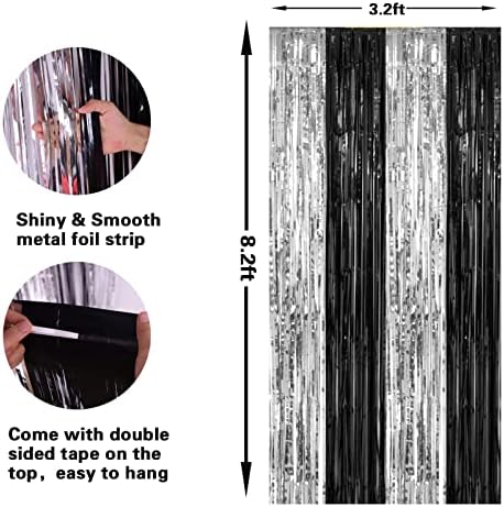 2 Pack 3.2 x 8.2 ft Black and Silver Foil Fringe Curtains in 3.2 ft x 8.2 ft in Black and Silver, alternate view 3