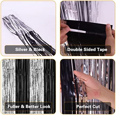 2 Pack 3.2 x 8.2 ft Black and Silver Foil Fringe Curtains in 3.2 ft x 8.2 ft in Black and Silver, alternate view 4