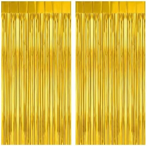 2 Pack 3.2Ft x 8.2Ft Gold Fringe Curtain Backdrop in 3.2Ft x 8.2Ft in Metallic Gold