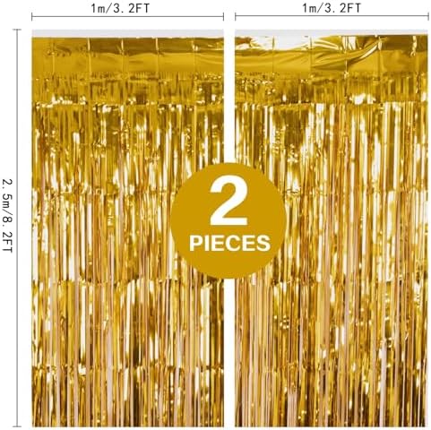 2 Pack 3.2Ft x 8.2Ft Gold Fringe Curtain Backdrop in 3.2Ft x 8.2Ft in Metallic Gold, alternate view 3