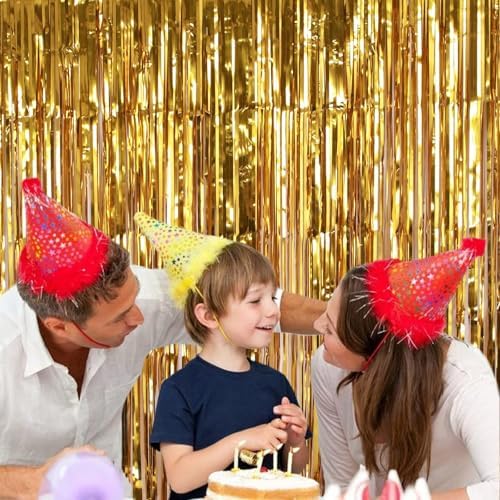 2 Pack 3.2Ft x 8.2Ft Gold Fringe Curtain Backdrop in 3.2Ft x 8.2Ft in Metallic Gold, alternate view 5