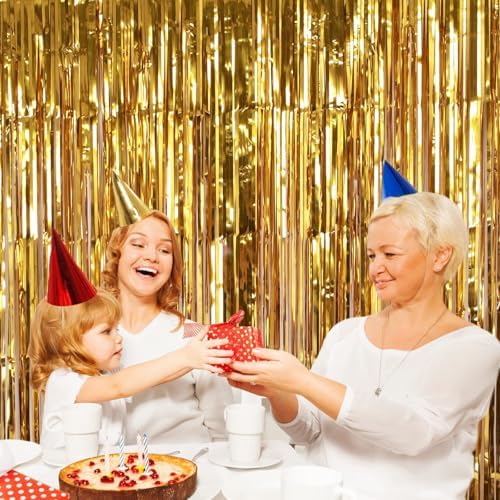 2 Pack 3.2Ft x 8.2Ft Gold Fringe Curtain Backdrop in 3.2Ft x 8.2Ft in Metallic Gold, alternate view 6