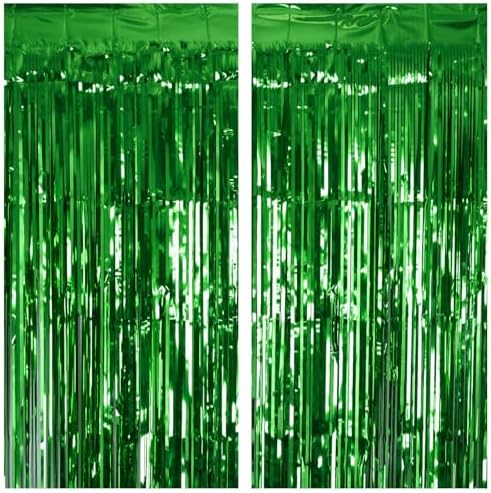 2 Pack 3.2Ft x 8.2Ft Green Tinsel Curtain Party Backdrop in Large in Metallic Gren, alternate view 2