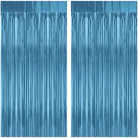 2 Pack 3.2Ft x 8.2Ft Lake Blue Foil Fringe Curtains Tinsel Backdrop