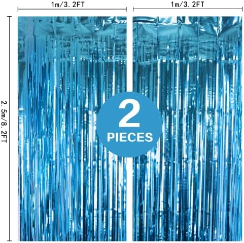 2 Pack 3.2Ft x 8.2Ft Lake Blue Foil Fringe Curtains Tinsel Backdrop, alternate view 3