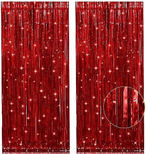 2 Pack 3.2Ft x 8.2Ft Red Metallic Tinsel Foil Fringe Curtain