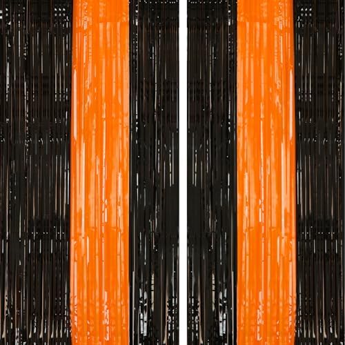 2 Pack 3.2Ftx8.2Ft Black and Orange Tinsel Foil Fringe Curtain in 3.2 feet x 8.2 feet in Orange and Black