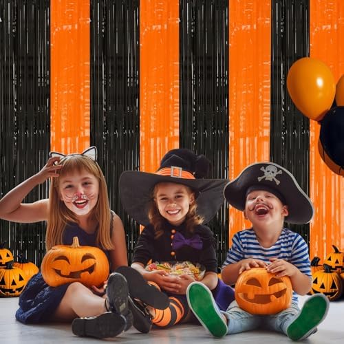 2 Pack 3.2Ftx8.2Ft Black and Orange Tinsel Foil Fringe Curtain in 3.2 feet x 8.2 feet in Orange and Black, alternate view 2