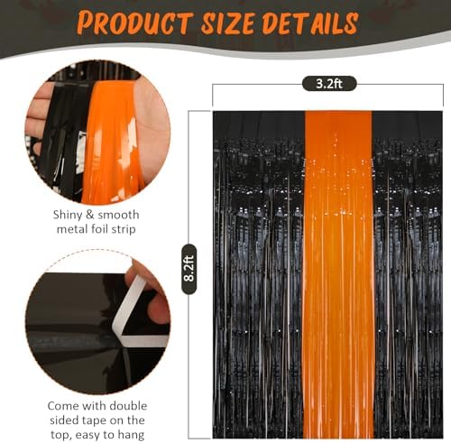 2 Pack 3.2Ftx8.2Ft Black and Orange Tinsel Foil Fringe Curtain in 3.2 feet x 8.2 feet in Orange and Black, alternate view 3