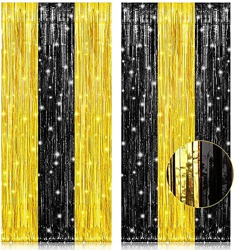 2 Pack 3.2x8.2 Feet Black and Gold Tinsel Backdrop in 8.2"L x 3.2"W in Black and Gold