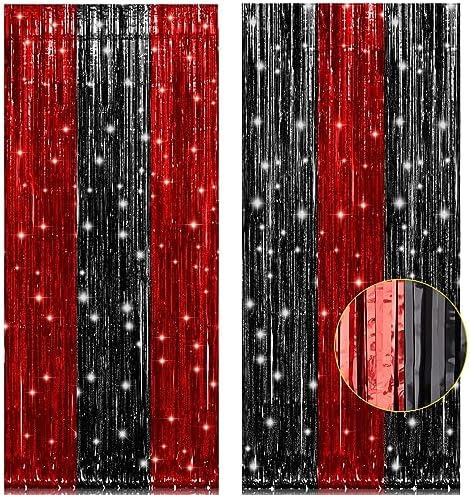 2 Pack 3.2x8.2 Feet Black and Red Foil Fringe Curtains in 8.2 ft(H) x 3.2 ft (W) in Red and Black