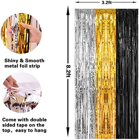 2 Pack 3.2x8.2 Feet Silver Black and Gold Tinsel Foil Fringe Curtains in 8.2 feet x 6.4 feet in Black, Silver, alternate view