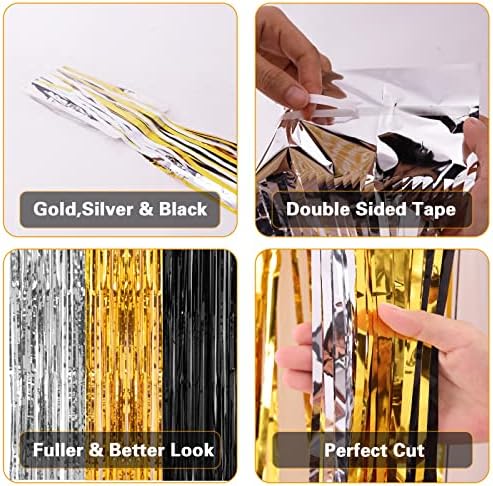2 Pack 3.2x8.2 Feet Silver Black and Gold Tinsel Foil Fringe Curtains in 8.2 feet x 6.4 feet in Black, Silver, alternate view