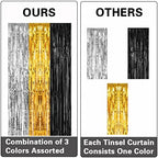 2 Pack 3.2x8.2 Feet Silver Black and Gold Tinsel Foil Fringe Curtains in 8.2 feet x 6.4 feet in Black, Silver, alternate view
