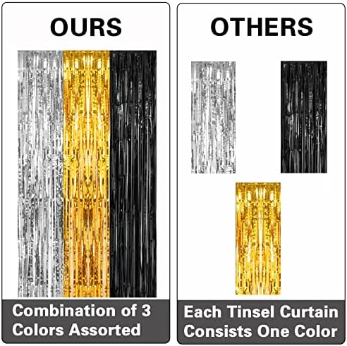 2 Pack 3.2x8.2 Feet Silver Black and Gold Tinsel Foil Fringe Curtains in 8.2 feet x 6.4 feet in Black, Silver, alternate view