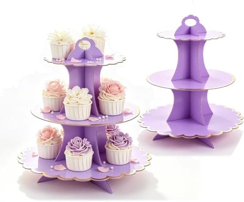 2 Pack 3 Tier Cardboard Cupcake Stand, Purple Scalloped Dessert Holder in Purple-2PCS