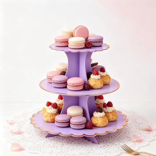 2 Pack 3 Tier Cardboard Cupcake Stand, Purple Scalloped Dessert Holder in Purple-2PCS, alternate view 2