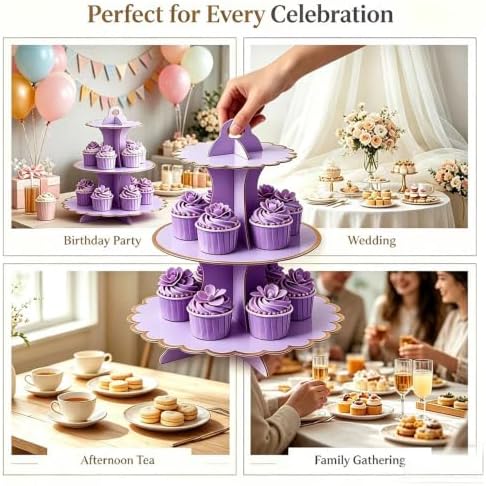 2 Pack 3 Tier Cardboard Cupcake Stand, Purple Scalloped Dessert Holder in Purple-2PCS, alternate view 4