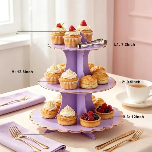 2 Pack 3 Tier Cardboard Cupcake Stand, Purple Scalloped Dessert Holder in Purple-2PCS, alternate view 5