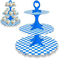 2 Pack 3-Tier Cupcake Stand, Blue White Checkered Cardboard Racing Car Theme Dessert Holder for Party Wedding