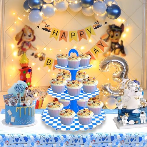 2 Pack 3-Tier Cupcake Stand, Blue White Checkered Cardboard Racing Car Theme Dessert Holder for Party Wedding, alternate view
