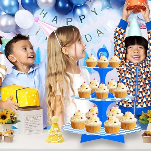 2 Pack 3-Tier Cupcake Stand, Blue White Checkered Cardboard Racing Car Theme Dessert Holder for Party Wedding, alternate view