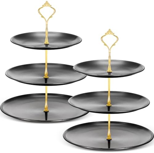 2 Pack 3 Tier Cupcake Stand Serving Tray Metal, Black and Gold in Black and Gold