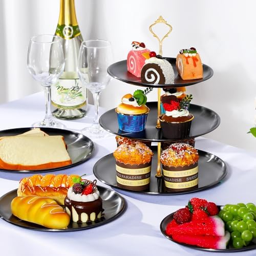 2 Pack 3 Tier Cupcake Stand Serving Tray Metal, Black and Gold in Black and Gold, alternate view 2