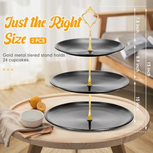 2 Pack 3 Tier Cupcake Stand Serving Tray Metal, Black and Gold in Black and Gold, alternate view 3