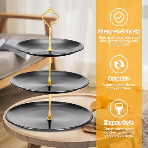 2 Pack 3 Tier Cupcake Stand Serving Tray Metal, Black and Gold in Black and Gold, alternate view 4