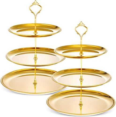 2 Pack 3 Tier Cupcake Stand Serving Tray Metal, Gold in Gold