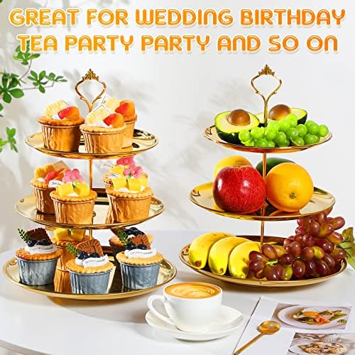 2 Pack 3 Tier Cupcake Stand Serving Tray Metal, Gold in Gold, alternate view 4