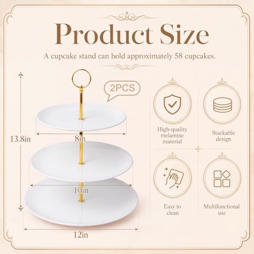 2 Pack 3 Tier Cupcake Stand, White Melamine Tiered Serving Tray in White, alternate view 2