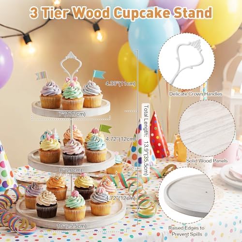 2 Pack 3 Tier Cupcake Stand, Wooden White Rustic Tiered Treat Stand in White, alternate view 2