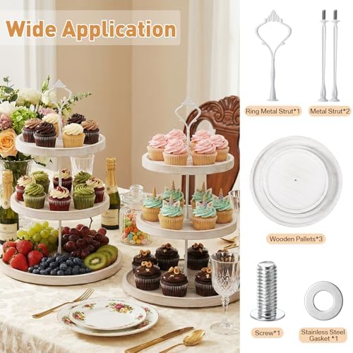 2 Pack 3 Tier Cupcake Stand, Wooden White Rustic Tiered Treat Stand in White, alternate view 3