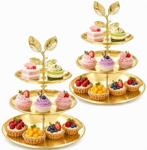 2 Pack 3 Tier Gold Cupcake Stand, Tiered Serving Tray in Gold