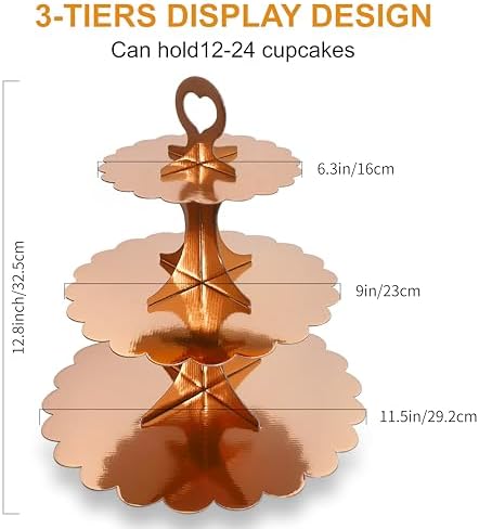 2 Pack 3 Tier Rose Gold Cupcake Stand for 24 Cupcakes, Cardboard Cake Tower for Parties and Celebrations in Rose, alternate