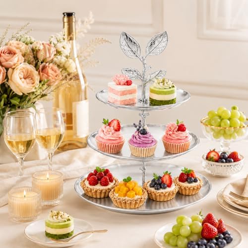 2 Pack 3 Tier Silver Cupcake Stand, Tiered Serving Tray in Silver, alternate view 2
