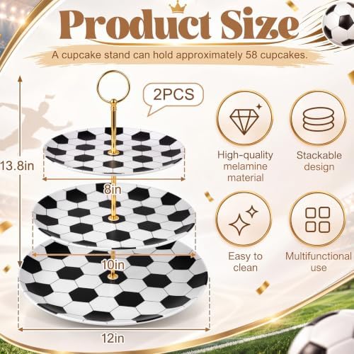 2 Pack 3 Tier Soccer Cupcake Stand 12" 10" 8" Black and White Melamine Tiered Serving Tray with Metal Stand, alternate view 3