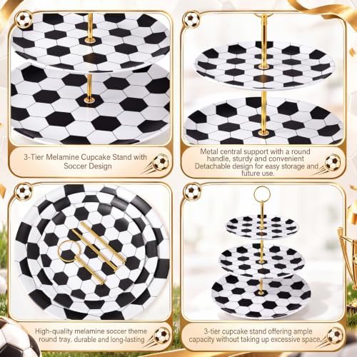 2 Pack 3 Tier Soccer Cupcake Stand 12" 10" 8" Black and White Melamine Tiered Serving Tray with Metal Stand, alternate view 4
