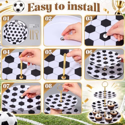 2 Pack 3 Tier Soccer Cupcake Stand 12" 10" 8" Black and White Melamine Tiered Serving Tray with Metal Stand, alternate view 5