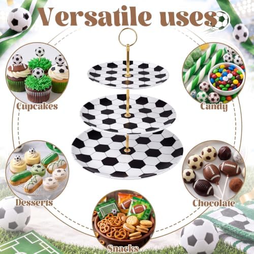 2 Pack 3 Tier Soccer Cupcake Stand 12" 10" 8" Black and White Melamine Tiered Serving Tray with Metal Stand, alternate view 6