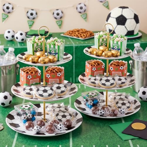 2 Pack 3 Tier Soccer Cupcake Stand 12" 10" 8" Black and White Melamine Tiered Serving Tray with Metal Stand, alternate view 7