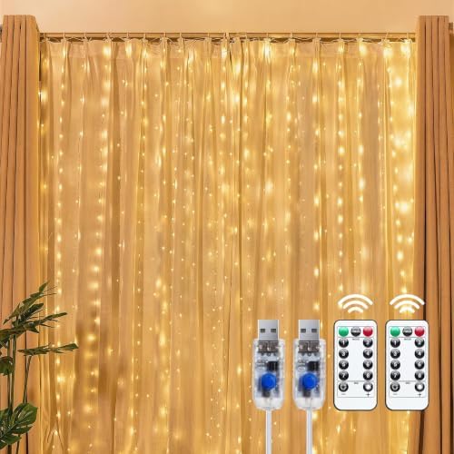 2 Pack 300 LED Fairy Curtain Lights, 9.8ft x 9.8ft String Lights in Warm White