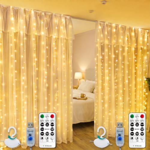 2 Pack 300LED Fairy Curtain Lights, 9.8x9.8Ft USB, Remote in 9.8x9.8Ft