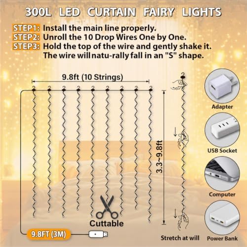 2 Pack 300LED Fairy Curtain Lights, 9.8x9.8Ft USB, Remote in 9.8x9.8Ft, alternate view 6