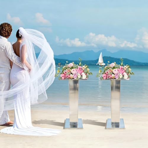 2 Pack 31.5" Tall Silver Vases for Centerpieces, Stainless Steel Column Geometric Centerpieces, Metal Wedding, alternate view