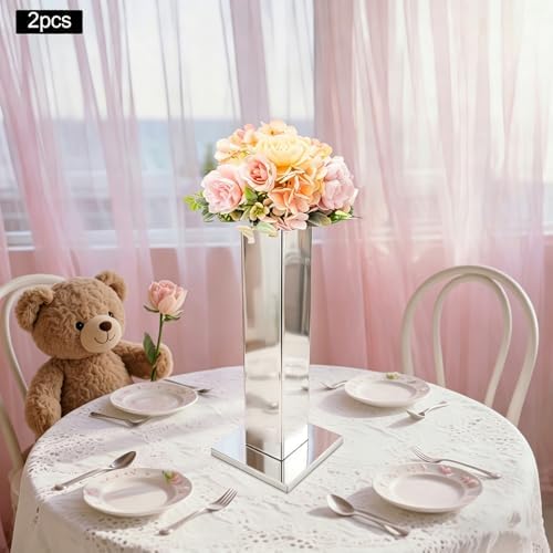 2 Pack 31.5" Tall Silver Vases for Centerpieces, Stainless Steel Column Geometric Centerpieces, Metal Wedding, alternate view