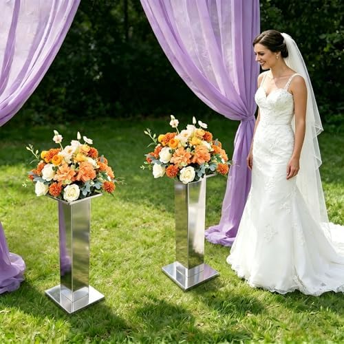 2 Pack 31.5" Tall Silver Vases for Centerpieces, Stainless Steel Column Geometric Centerpieces, Metal Wedding, alternate view